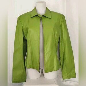 Vtg Y2K BRAT GREEN Ms. Maxima Womens Leather Jacket Zip Up Lime Sz L